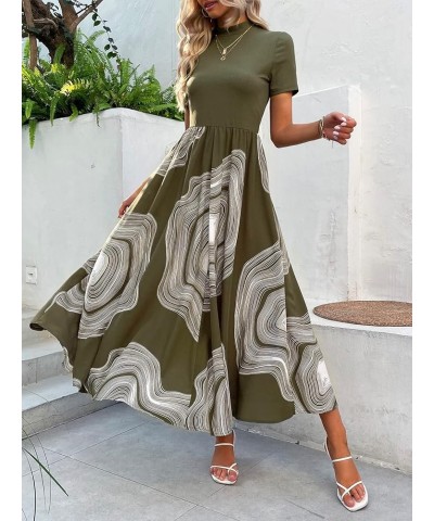 Women's Casual Printed Mock Neck Short Sleeve High Waist Flowy A Line Long Dress Army Green $19.59 Dresses