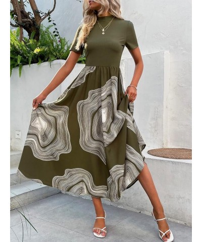 Women's Casual Printed Mock Neck Short Sleeve High Waist Flowy A Line Long Dress Army Green $19.59 Dresses