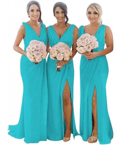 V Neck Bridesmaid Dresses Long with Slit for Women Ruched Chiffon Formal Evening Gowns Aqua $30.79 Dresses