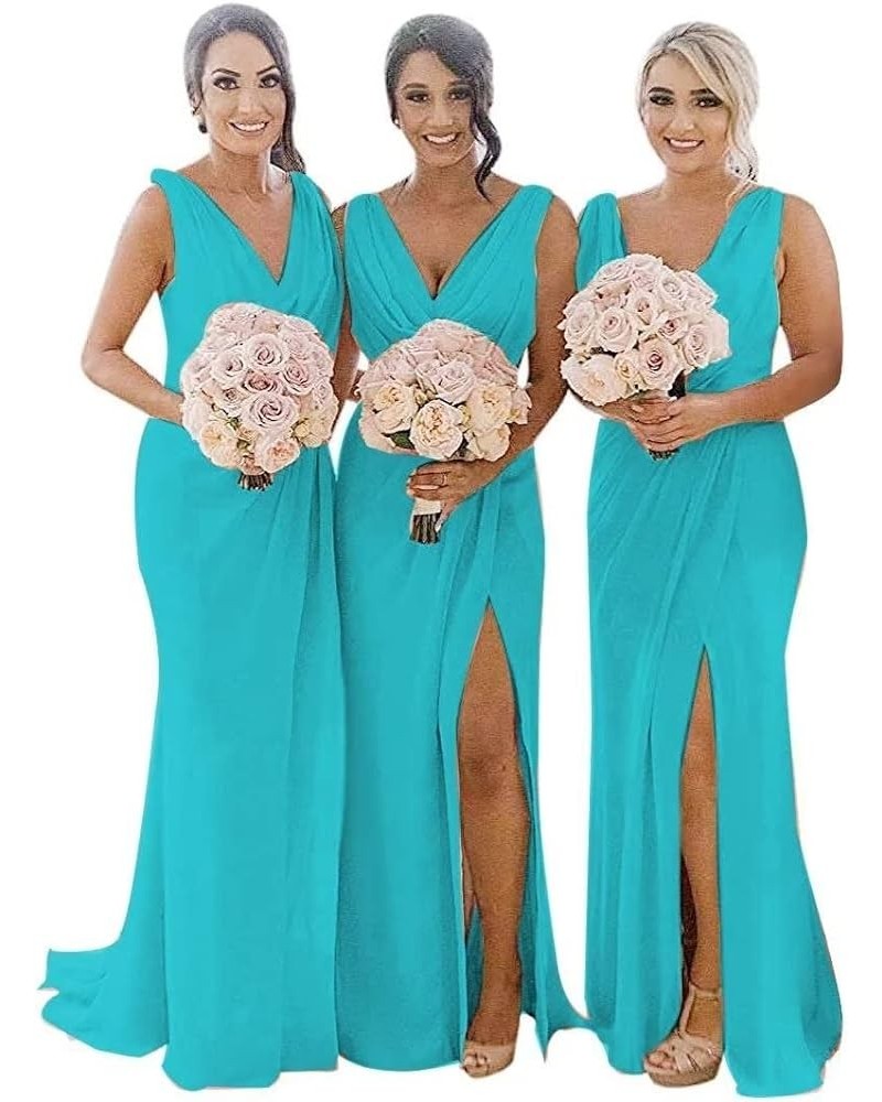 V Neck Bridesmaid Dresses Long with Slit for Women Ruched Chiffon Formal Evening Gowns Aqua $30.79 Dresses