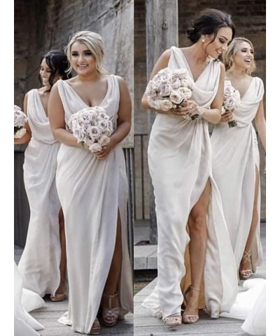 V Neck Bridesmaid Dresses Long with Slit for Women Ruched Chiffon Formal Evening Gowns Aqua $30.79 Dresses