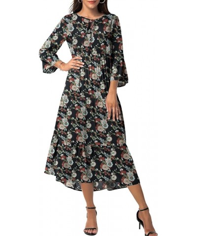 Womens 3/4 Sleeve Casual Bohemian Midi Dress Black Red Flower $28.04 Dresses