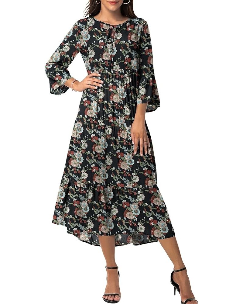 Womens 3/4 Sleeve Casual Bohemian Midi Dress Black Red Flower $28.04 Dresses