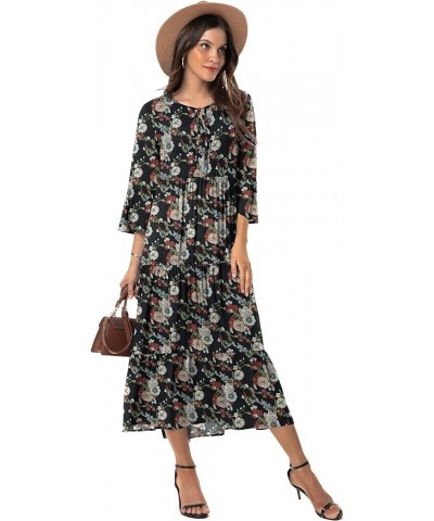 Womens 3/4 Sleeve Casual Bohemian Midi Dress Black Red Flower $28.04 Dresses