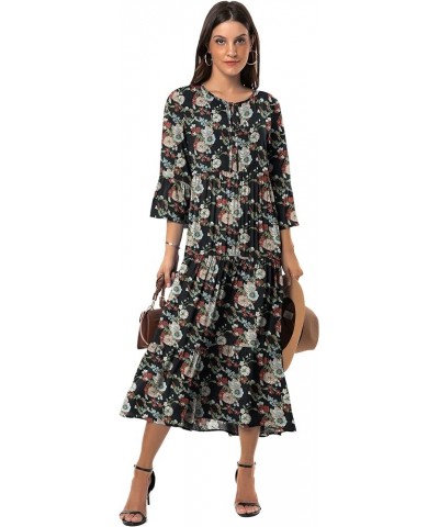 Womens 3/4 Sleeve Casual Bohemian Midi Dress Black Red Flower $28.04 Dresses