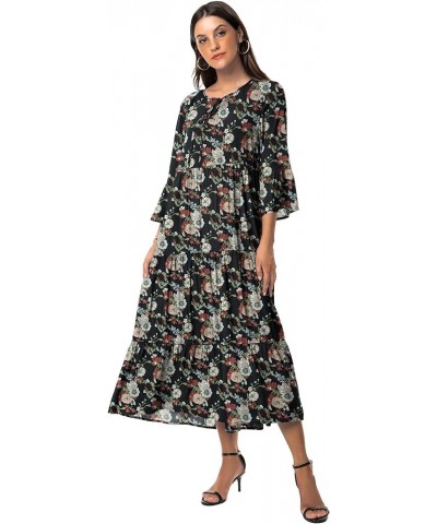 Womens 3/4 Sleeve Casual Bohemian Midi Dress Black Red Flower $28.04 Dresses