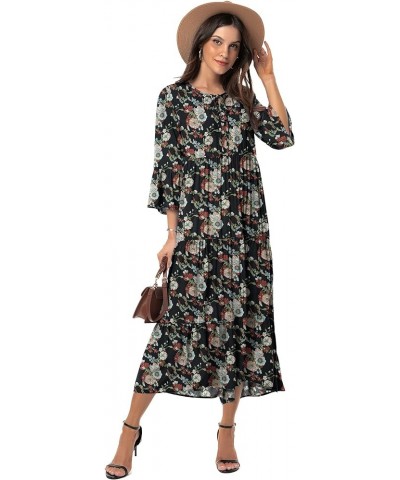 Womens 3/4 Sleeve Casual Bohemian Midi Dress Black Red Flower $28.04 Dresses