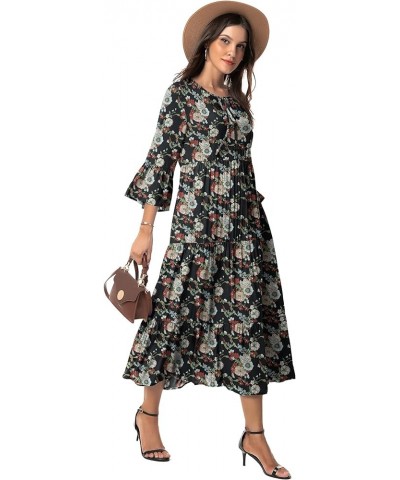 Womens 3/4 Sleeve Casual Bohemian Midi Dress Black Red Flower $28.04 Dresses