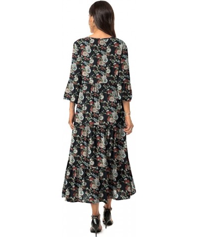 Womens 3/4 Sleeve Casual Bohemian Midi Dress Black Red Flower $28.04 Dresses