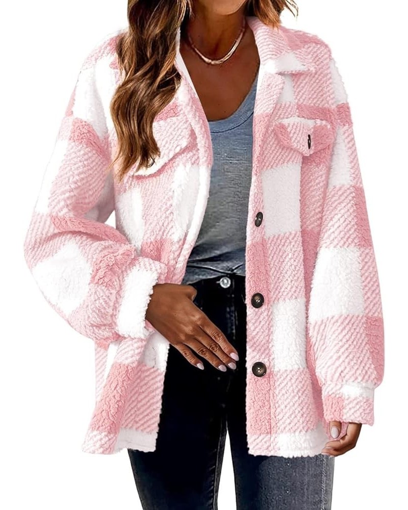 Women’s Fuzzy Fleece Sherpa Jacket Plaid Shirt Long Sleeve Button Up Flannel Cardigan Utility Lightweight Jackets Pink Plaid ...