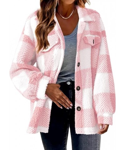 Women’s Fuzzy Fleece Sherpa Jacket Plaid Shirt Long Sleeve Button Up Flannel Cardigan Utility Lightweight Jackets Pink Plaid ...