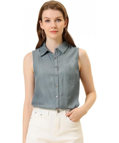 Women's Single Breasted Casual Office Sleeveless Shirt Dark Grey $13.80 Blouses