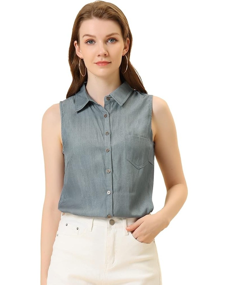 Women's Single Breasted Casual Office Sleeveless Shirt Dark Grey $13.80 Blouses