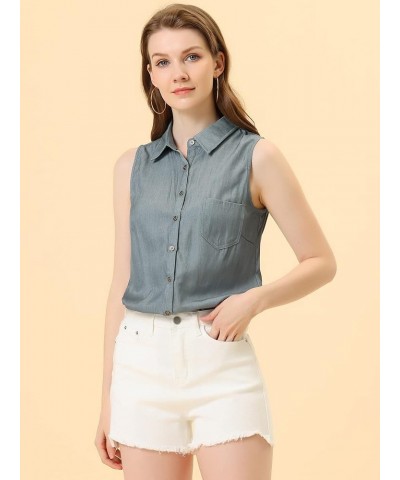 Women's Single Breasted Casual Office Sleeveless Shirt Dark Grey $13.80 Blouses