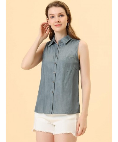 Women's Single Breasted Casual Office Sleeveless Shirt Dark Grey $13.80 Blouses