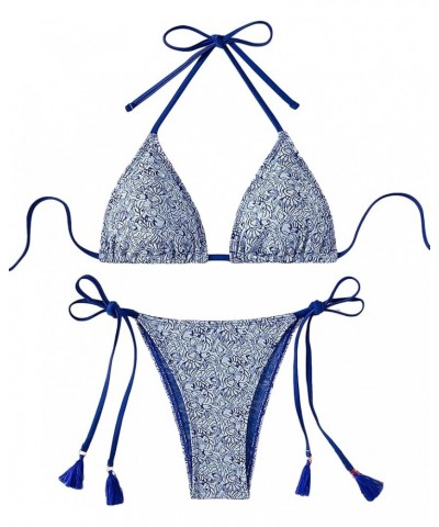 Women's G String Thong Swimsuit Floral Triangle High Cut Bikini Set Bathing Suit Blue $15.65 Swimsuits