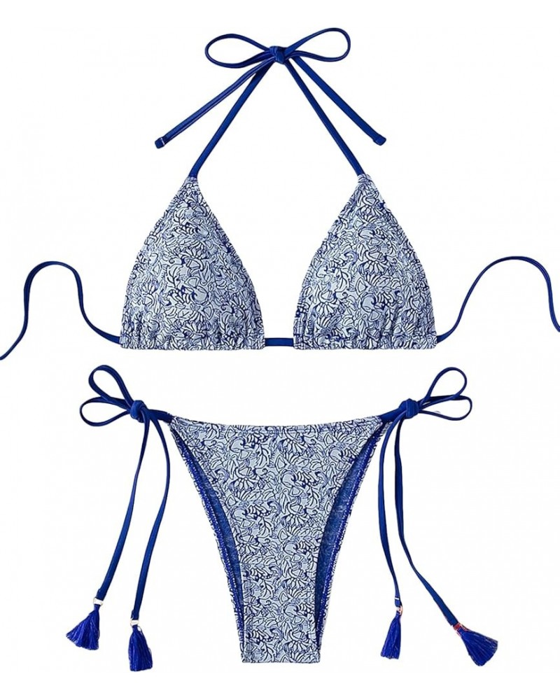 Women's G String Thong Swimsuit Floral Triangle High Cut Bikini Set Bathing Suit Blue $15.65 Swimsuits