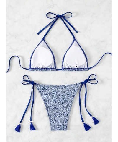 Women's G String Thong Swimsuit Floral Triangle High Cut Bikini Set Bathing Suit Blue $15.65 Swimsuits