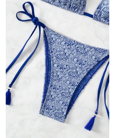 Women's G String Thong Swimsuit Floral Triangle High Cut Bikini Set Bathing Suit Blue $15.65 Swimsuits