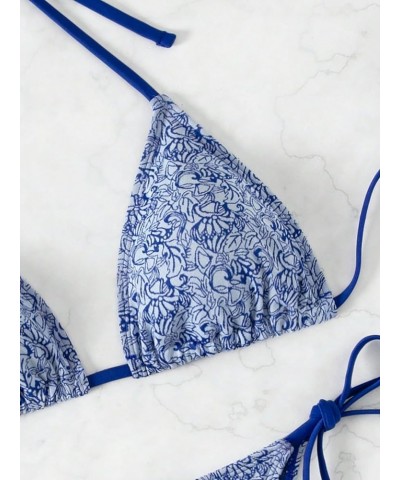 Women's G String Thong Swimsuit Floral Triangle High Cut Bikini Set Bathing Suit Blue $15.65 Swimsuits