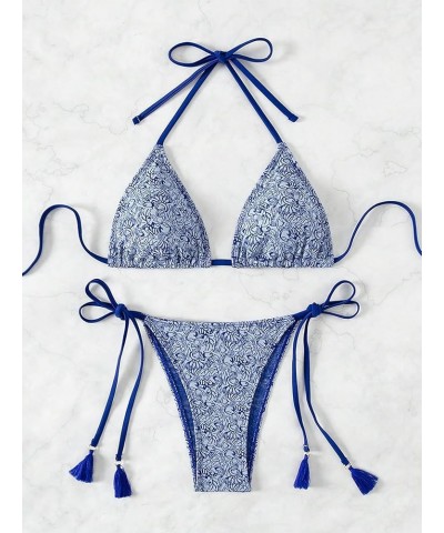 Women's G String Thong Swimsuit Floral Triangle High Cut Bikini Set Bathing Suit Blue $15.65 Swimsuits