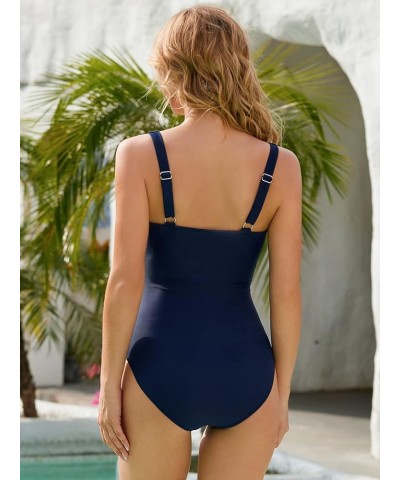 Women's One Piece Swimwuits V Neck Ruched Bathing Suits Vintage Push up Swimwear Wide Straps Navy Blue $12.00 Swimsuits