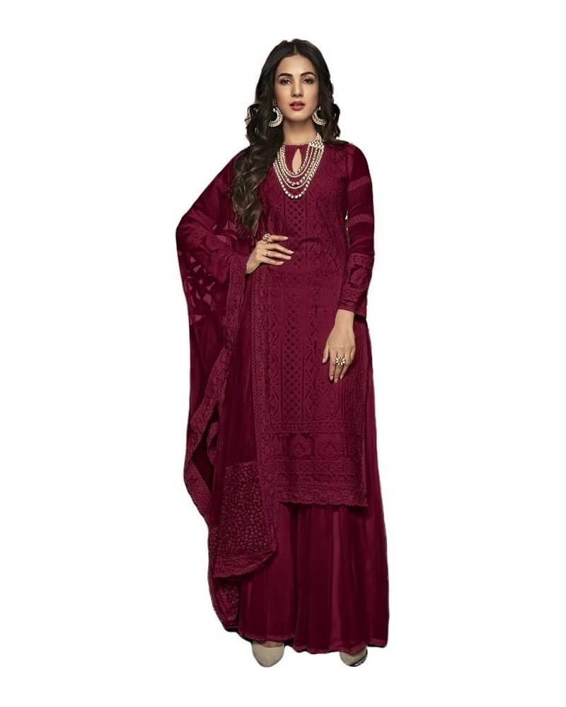 Ready to Wear Women's Indian/Pakistani Style Wedding Wear Designer Palazzo Straight Salwar Suit for Womens Maroon $31.08 Suits