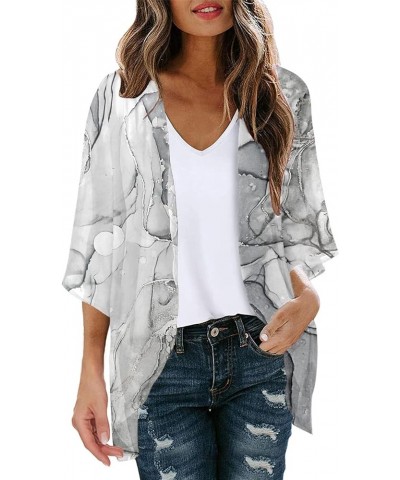 Womens Floral Print Puff Sleeve Chiffon Cardigan Loose Cover Up Casual Blouse Tops Wrap Sweater Cardigans for Grey $10.52 Swe...