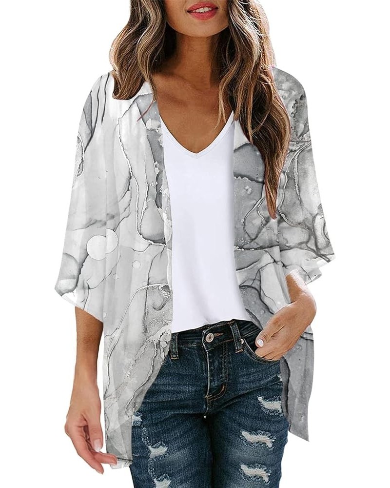 Womens Floral Print Puff Sleeve Chiffon Cardigan Loose Cover Up Casual Blouse Tops Wrap Sweater Cardigans for Grey $10.52 Swe...