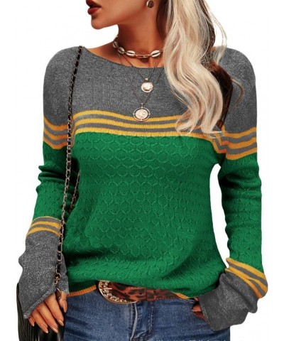 Women's Cute Sweaters Fashion Knit Striped Colorblocked Round Neck Sweater Crochet Casual Top Winter Sweaters Green $15.47 Sw...