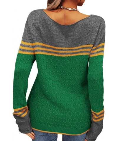 Women's Cute Sweaters Fashion Knit Striped Colorblocked Round Neck Sweater Crochet Casual Top Winter Sweaters Green $15.47 Sw...