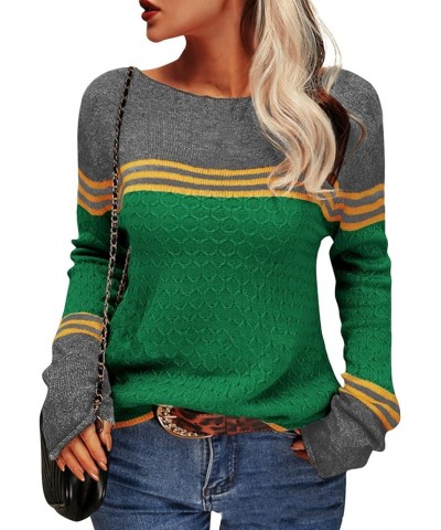 Women's Cute Sweaters Fashion Knit Striped Colorblocked Round Neck Sweater Crochet Casual Top Winter Sweaters Green $15.47 Sw...