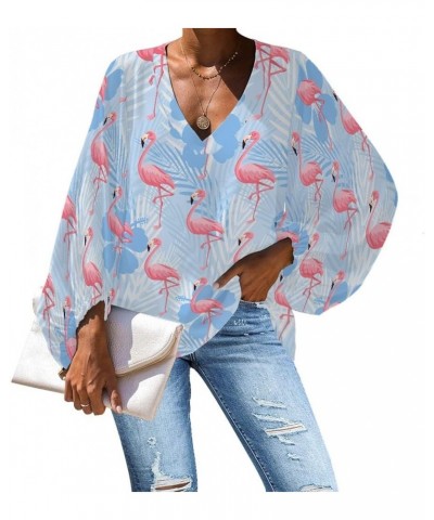 Women's Flamingo Printed V-Neck Chiffon Blouses Long Sleeve Loose Casual Shirt Tops Blue Flamingo Leaf $17.66 Blouses