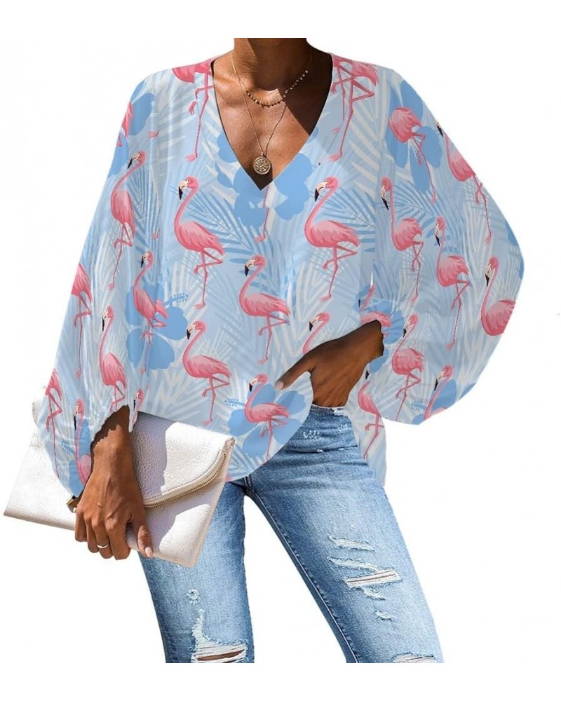 Women's Flamingo Printed V-Neck Chiffon Blouses Long Sleeve Loose Casual Shirt Tops Blue Flamingo Leaf $17.66 Blouses