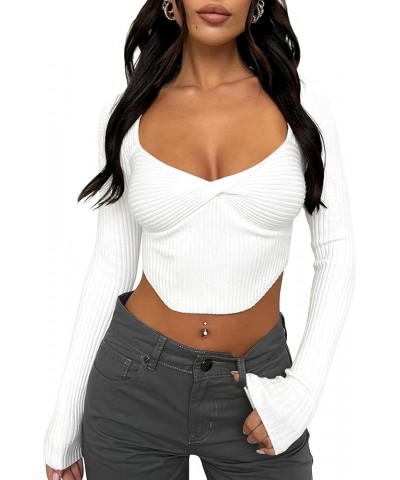 Women's Sexy Long Sleeve Crop Top Y2K Square Neck Ribbed Going Out Tops Twist Front Ruched Slim Fit T Shirts White $11.59 Tops