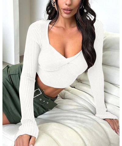 Women's Sexy Long Sleeve Crop Top Y2K Square Neck Ribbed Going Out Tops Twist Front Ruched Slim Fit T Shirts White $11.59 Tops