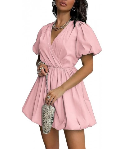 Women's Short Summer Dresses Casual Puffy Sleeve Wrap V Neck Ruffle Solid Color Flare Dress Pink $21.65 Dresses