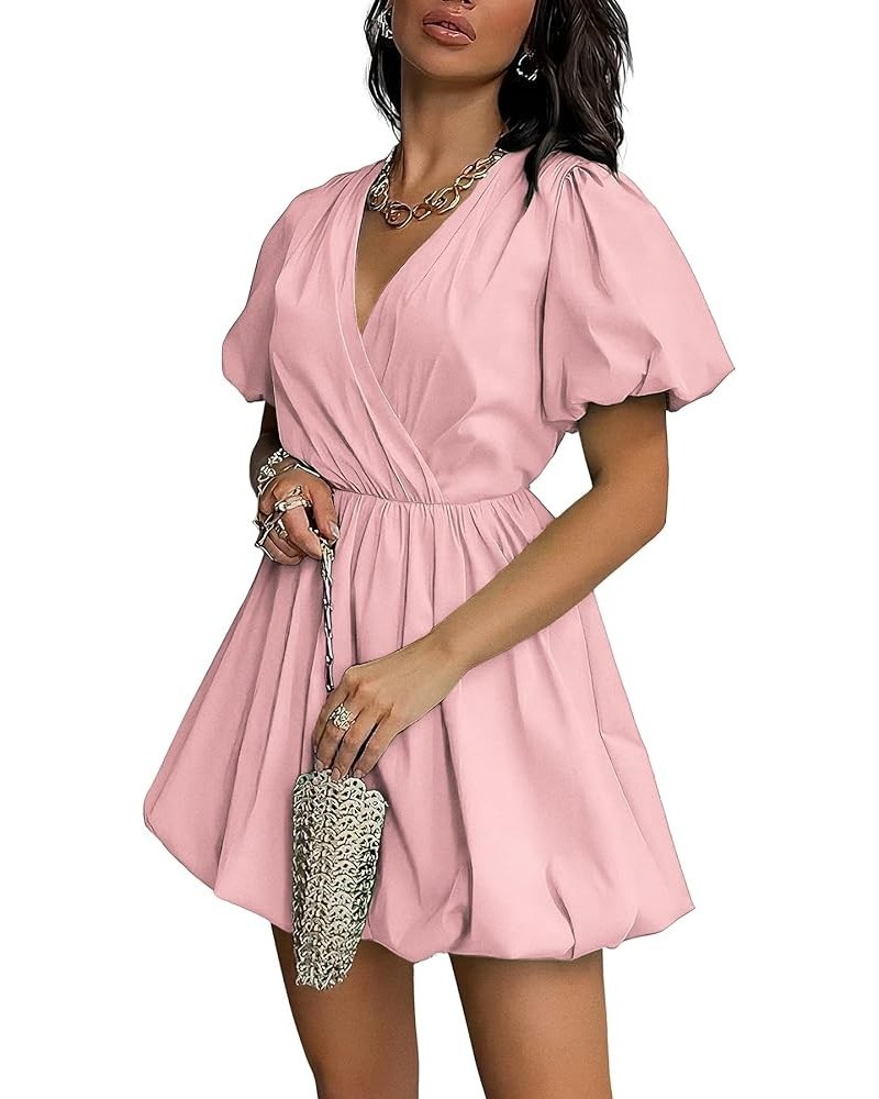 Women's Short Summer Dresses Casual Puffy Sleeve Wrap V Neck Ruffle Solid Color Flare Dress Pink $21.65 Dresses