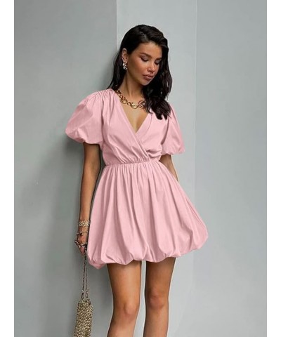 Women's Short Summer Dresses Casual Puffy Sleeve Wrap V Neck Ruffle Solid Color Flare Dress Pink $21.65 Dresses