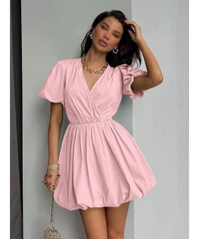 Women's Short Summer Dresses Casual Puffy Sleeve Wrap V Neck Ruffle Solid Color Flare Dress Pink $21.65 Dresses