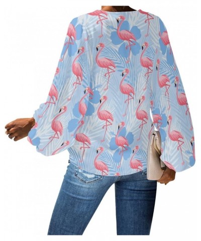 Women's Flamingo Printed V-Neck Chiffon Blouses Long Sleeve Loose Casual Shirt Tops Blue Flamingo Leaf $17.66 Blouses