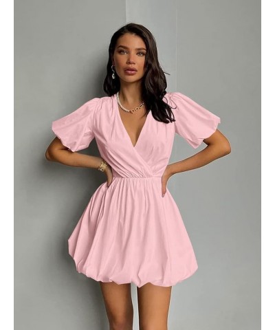 Women's Short Summer Dresses Casual Puffy Sleeve Wrap V Neck Ruffle Solid Color Flare Dress Pink $21.65 Dresses