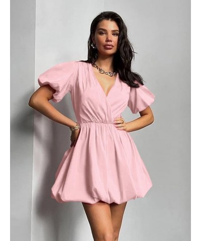 Women's Short Summer Dresses Casual Puffy Sleeve Wrap V Neck Ruffle Solid Color Flare Dress Pink $21.65 Dresses