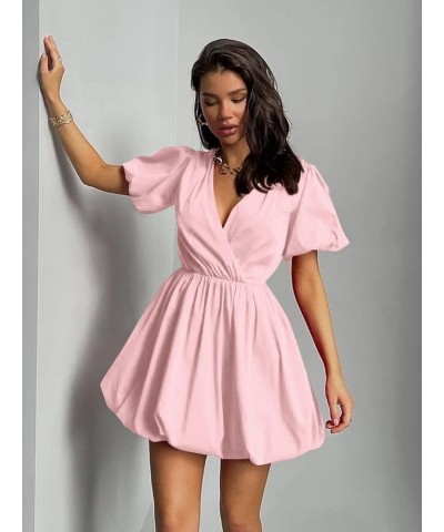 Women's Short Summer Dresses Casual Puffy Sleeve Wrap V Neck Ruffle Solid Color Flare Dress Pink $21.65 Dresses