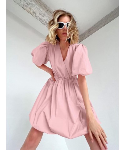 Women's Short Summer Dresses Casual Puffy Sleeve Wrap V Neck Ruffle Solid Color Flare Dress Pink $21.65 Dresses