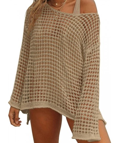 Womens Swimsuits Cover Ups for Swimwear Hollow Out Crochet Sexy Short Long Sleeve knit Bathing Suit Coverups Beige $11.96 Swi...