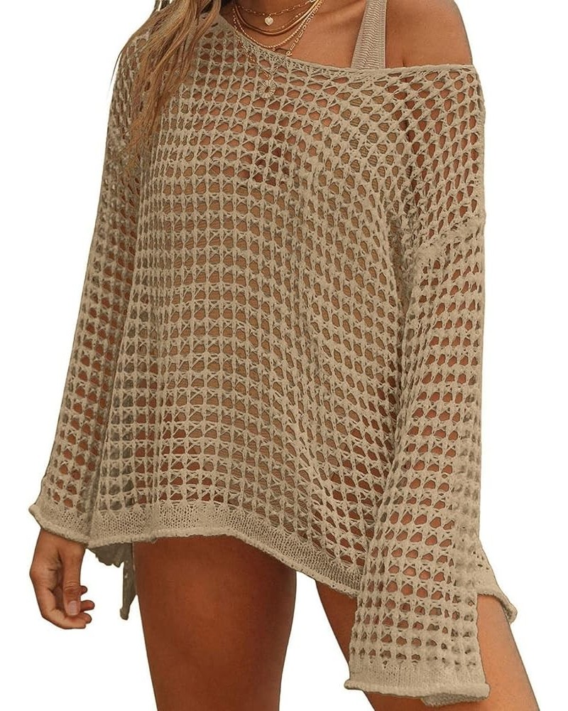 Womens Swimsuits Cover Ups for Swimwear Hollow Out Crochet Sexy Short Long Sleeve knit Bathing Suit Coverups Beige $11.96 Swi...