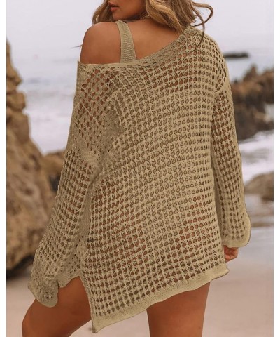 Womens Swimsuits Cover Ups for Swimwear Hollow Out Crochet Sexy Short Long Sleeve knit Bathing Suit Coverups Beige $11.96 Swi...