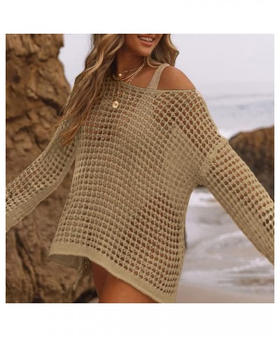 Womens Swimsuits Cover Ups for Swimwear Hollow Out Crochet Sexy Short Long Sleeve knit Bathing Suit Coverups Beige $11.96 Swi...