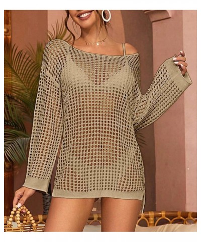 Womens Swimsuits Cover Ups for Swimwear Hollow Out Crochet Sexy Short Long Sleeve knit Bathing Suit Coverups Beige $11.96 Swi...